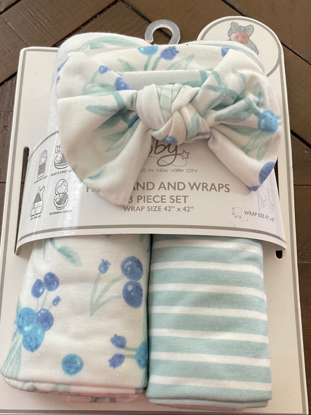 Floral & Stripe Baby Headband and Wrap Set - Blue Mint